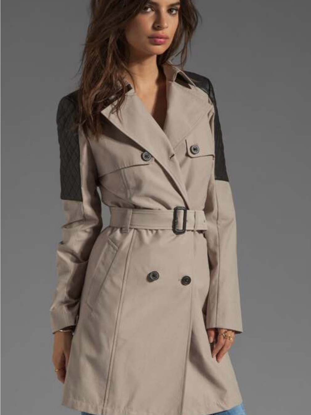 Mackage Taupe Trench Coat with Black Quilted Shoulders